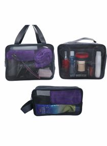 Portable Zipper Mesh Cosmetic Bags Case 3 Pcs Makeup Bag Toiletry Storage Pouch for Home Offices Travel Accessories Organizer (Black 1 with Hand strap) 