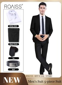 5Pcs Men's Casual Suit Business Professional Suit Lapel Collar Two Single-Breasted Buttons 