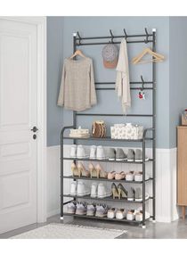 3in1 Coat Rack with Shoe Storage Bench Metal Hall Tree with 5 Shelves Storage for Organizer  8 Hanger Hooks 