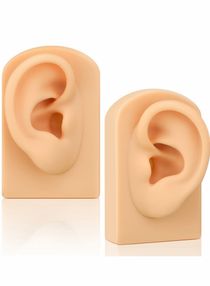 2 Pcs Silicone Ear Model, Left and Right Soft Flexible Model Fake Piercing Practice, Body Parts, Realistic Mold for Jewelry Display Acupuncture Mannequin Teaching Instruction 