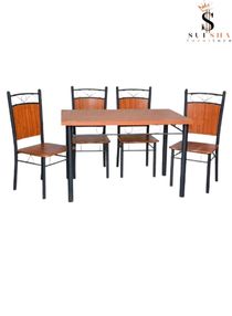 Wooden Steel 4 Seater Dining Table And Chair Set Brown 