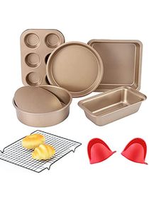 Nonstick Bakeware Set 7 Pcs Baking Pans Set- Pizza Tray, Round/Square Pans, Loaf Pan, 6-Cup Muffin Pan Carbon Steel Baking Trays Oven Trays for Bakers Beginners with Rack & Mitts (Golden) 