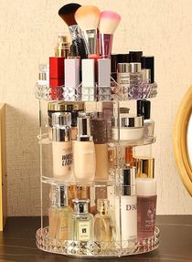 360° Rotating Acrylic Makeup Organizer DIY Cosmetics Carousel Spinning Countertop Storage Holder Lazy Suzan Trays With Adjustable Shelves For Vanity Perfume Jewellery And Lipsticks Display Case 