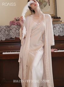 2-Piece Set Women Sweet Nightdress Ice Silk Sling Lace Pajamas Ladies Satin Long Sleeve Robe Loungewear Loose Nightgown with Pad Female Spring Autumn Solid Home Wear 