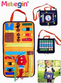 Busy Board MEBEGIN Sensory Travel Toy for Toddlers, Montessori Learning to Dress Activity Toy for Preschool Age with Buckle, Shoe Lace, Clock and Alphabet, Busy Book Bag Toy for Kids 