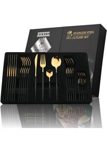 24 Pcs Stainless Steel Two Tone Luxury Sleek Black Gold Plated Kitchen High Quality Cutlery Tableware Set Fork Spoon Knife in Velvet Kraft Gift Box 