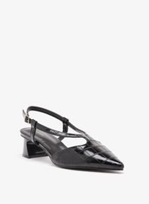 Textured Pointed Toe Sandals with Buckle Closure and Block Heels 