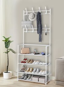 Multifunctional Entryway Coat Rack 4 Tier 3 in 1 Hall Tree Shoes Bench with Keys Hat Umbrella Stand Storage Shelves with 8 Hooks Hanger 5 Bottom Layer Organizer 