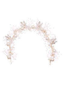 Hand Braided Pearl Flower Headband Gold Leaf Tiara 