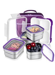 Stainless Steel Lunch Box for Kid School, Insulated Bento Lunch Box with Bag, 4 Compartment Divided Lunch Containers with Lids, Leakproof, BFA Free, Dishwasher Safe,  1060ML Purple 