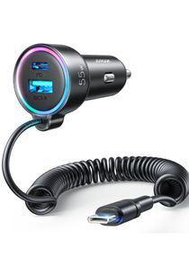 USB C Car Charger, 55W 3-Fast Port Super Fast Car Charger PD3.0 & PPS & QC3.0 with 5ft 30W Super Fast Type C Coiled Cable for Samsung Galaxy S22/21/Google Pixel/Moto G/iPhone/Android, iPad Pro 