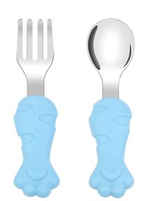 Baby Fork and Spoon Set,2PCS Cutlery Set for Children, Silicone Stainless Steel Baby Short Handle Training Tableware Ergonomically Designed to Promote Self-Feeding in The Right Way(Cat's Claw) 