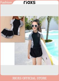 Girls Two-Piece Swimsuit Rash Guard Short Sleeve Swimsuit Kids Swimwear Water Sports Sun Protection Bathing Suits With Skirts 