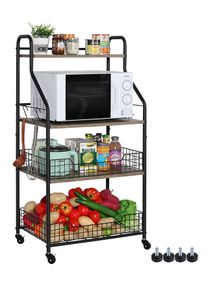 4 Tier Rolling Kitchen Bakers Rack with Storage 5 S Hooks, Kitchen Rolling Utility Cart with Shelves Wire Basket, Kitchen Serving Bar Cart, Microwave Oven Stand Fruit Vegetable Spice Organizer Rack 