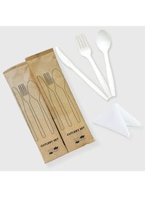 Disposable PLA White Cutlery Set Natural, Eco-Friendly Bamboo Utensils Forks, Spoons and Knives With Napkin - 50 Pieces 