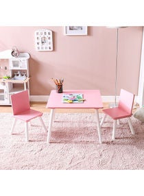 Toddler 1 Plus 2 Kids Table And Chair Set Modern Wooden Kids And Toddler Furniture Set 2 One Seater Kids Chairs 1 Table For Boys Girls 60x60x43cm Pink 