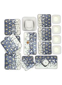 Premium Porcelain 30-pc Banquet Dinnerware Set Blue Pattern - Tableware Dining Service for 6 - Dinner Set with Dinner Plates, Bowls, Fuit Plates, Soup Bowls, Salad Plates and Canisters 