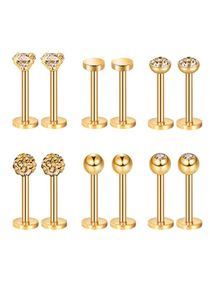6 Pairs Stainless Steel Nose Studs Tragus Earrings Lip Rings Diamond Labret Bars Crystal Ball Body Piercing Jewelry, Nose Lips Piercing Assorted Design Jewelry, 6 Designs, 16 Gauge(Gold) 