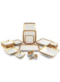 Premium Porcelain 30-pc Banquet Microwave and Dinnerware Set - Tableware Service for 6 - Dinner Set with Dinner Plates, Bowls, Fruit Plates, Soup Bowls, Salad Plates and Canisters 