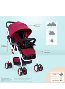 Baby Pram Stroller With Sunshade Canopy, Adjustable Footrest Snack Tray And Accessories- Wine Black/Red 