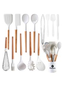 Kitchen Cooking Utensils Set 14 Non-Stick Silicone Cooking Spatula Set with Holder Wooden Handle Silicone  Gadgets Utensil Set for Nonstick Cookware White 