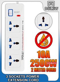 3 Outlets Power Strip 3 Universal Multi Plugs Sockets Electric Board Extension Cord Charging Station 2 Meter Lead For Kitchen Office Home Computer Laptop Mobile Phones Tablets 