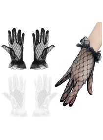 Mesh Lace Gloves for Women Women's Tea Party, 2 Pairs of Short Gloves Vintage Lace Wrist Gloves Suitable for Women's Wedding Dinner Tea Parties, Bridal Wedding Dress Gloves Fingered Gloves 