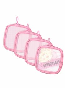 Mesh Makeup Bag, 4Pcs Clear Toiletry Pouch with Zipper Mini Portable Cosmetic Travel Purse Bag for Daily Toiletries Accessories(Pink) 