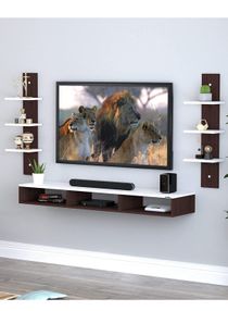 Wall Mounted TV Unit, Cabinet, with TV Stand Unit Wall Shelf for Living Room (Brown&White) 