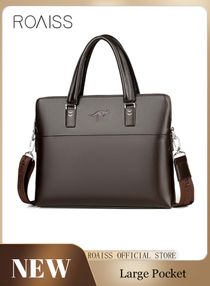 Classic PU Business Leather Briefcase 14-Inch Laptop Bag Large Slim Messenger Bag Soft Top Handle Handbag with Long Straps for Men Travel Office Work 
