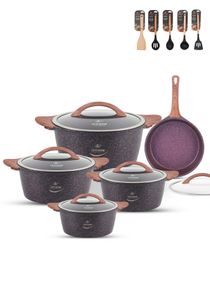 Cookware Set 15 pieces - Cooking Pots and pans set Induction Bottom , Granite Non Stick Coating, Die Cast aluminum Body include Casseroles & Fry pan And Kitchen Utensils (Maroon) 