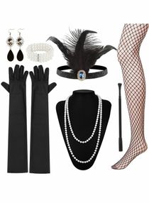 Party Dress Up Set, 1920s Flapper Accessories Set for Women, Fancy Dress Party Accessories with Flapper Headband Long Gloves Pearl Necklace, Theme Party Accessories 