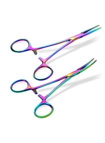 2 Pieces Hemostat Curved and Straight Forceps Piercing Pliers Multi Color Rainbow Forceps,Fishing Tweezer Hemostats, 5.5" Stainless Steel Pliers, Pet Ear Hair Clipper 