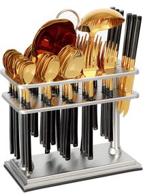 Cutlery Set 38-Piece 18/10 Stainless Steel Flatware Set with Stand - Tea & Ice Spoon - Dinner & Cake Fork - Fruit Knife - Soup ladle - Rice Server - Service for 6 Black/Gold 