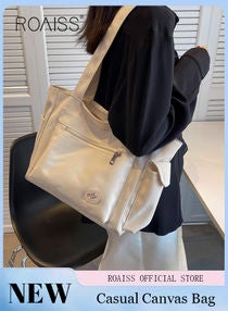 Women's Canvas Bag Large Capacity One Shoulder Messenger Tote Bag Casual Solid Color Versatile Work Commuting 