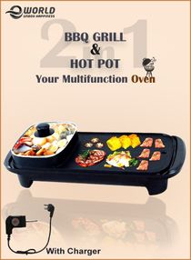 2-In-1 Portable Electric BBQ Grill Smokeless Non-Stick Roasting Barbecue Pan and Multifuntion Hot Pot For Family 