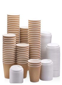 [50 Sets] 8 oz. Brown Disposable Ripple Insulated Coffee Cups with Lids - Hot Beverage Corrugated Paper Cups 