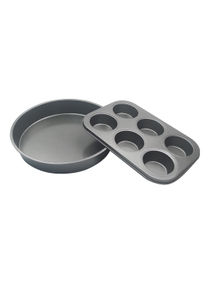 2 Piece Oven Pan Set - Made Of Carbon Steel - Round + Cupcake - Baking Pan - Oven Trays - Cake Tray - Oven Pan - Cake Mold - Dark Grey 