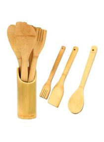 4-Piece Wooden Spoon Set With Stand Beige 