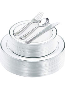 125-Piece Dinnerware Set White/Silver Plate(Large-10.25,Small-7.5), Knife-7.87, Spoon-6.89, Fork-7.4inch 