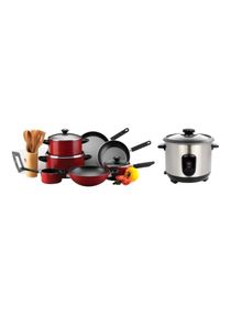 16-Piece Cookware Set And Rice Cooker Red/Black/Silver 