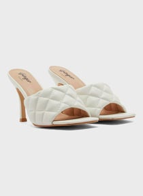 Quilted Square Toe Heeled Sandals White 
