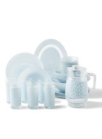 34 Piece Glass Dinner Set For Everyday Use - Light Weight Dishes, Plates - Dinner Plate, Side Plate, Bowl - Serves 6 - Printed Design Alice Blue 