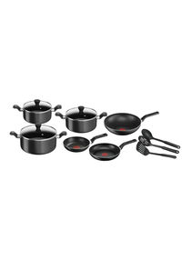 12-Piece Super Cook Set (Frypan 22/24, Wokpan 28, Stewpot 22/24/28+ Lid, Spoon, Slotted Spoon, Long Spatula) Black 24cm 