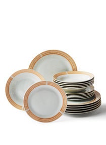 18 Piece Porcelain Dinner Set - Dishes, Plates - Dinner Plate, Side Plate, Soup Plate - Serves 6 - Festive Design Wave/Gold 