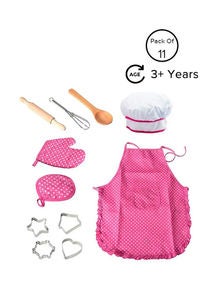 11-Piece Polka Dot Kids Kitchen Cooking Play With Apron And Chef Hat Set 40x38x2cm 