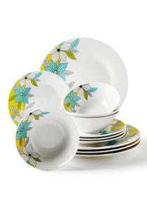12 Piece Porcelain Dinner Set - Dishes, Plates - Dinner Plate, Side Plate, Bowl - Serves 4 - Printed Design Sunshine 