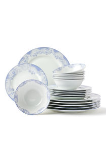 18 Piece Porcelain Dinner Set - Dishes, Plates - Dinner Plate, Side Plate, Bowl - Serves 6 - Printed Design Edelweiss Blue 