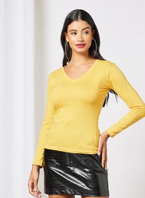 Women's Basic Casual Comfortable V Neck Long Sleeves T-Shirt in Premium Bio washed Cotton Mineral Yellow 