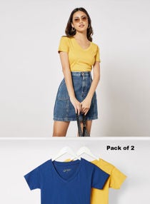 Women's Basic Pack of 2 T-Shirts V Neck Short Sleeves in Premium Bio washed Cotton Mineral Yellow/Navy 